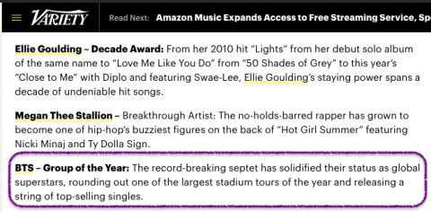 防弹少年团再获肯定！夺《Variety’s 2019 Hitmakers》年度团体