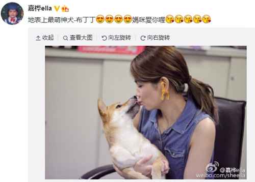 Ella与爱犬嘴对嘴亲吻 网友：画面太美不敢看